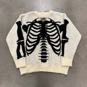 Skeleton Knit Sweater Black White Graphic Crewneck Skull Bones Size XL